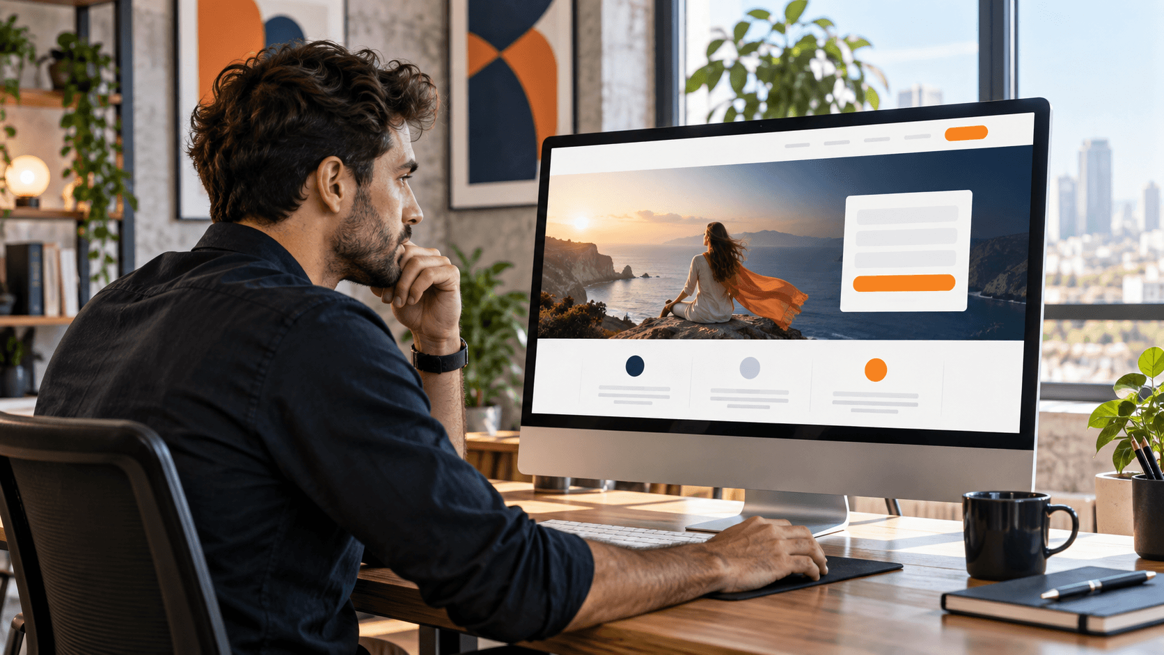Professional reviewing a landing page with an enquiry form and contact button