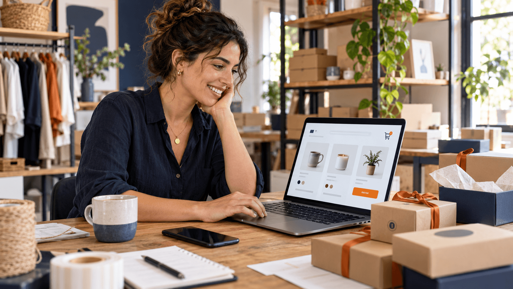 Illustration of a store owner beside a laptop displaying an online shop and product packages