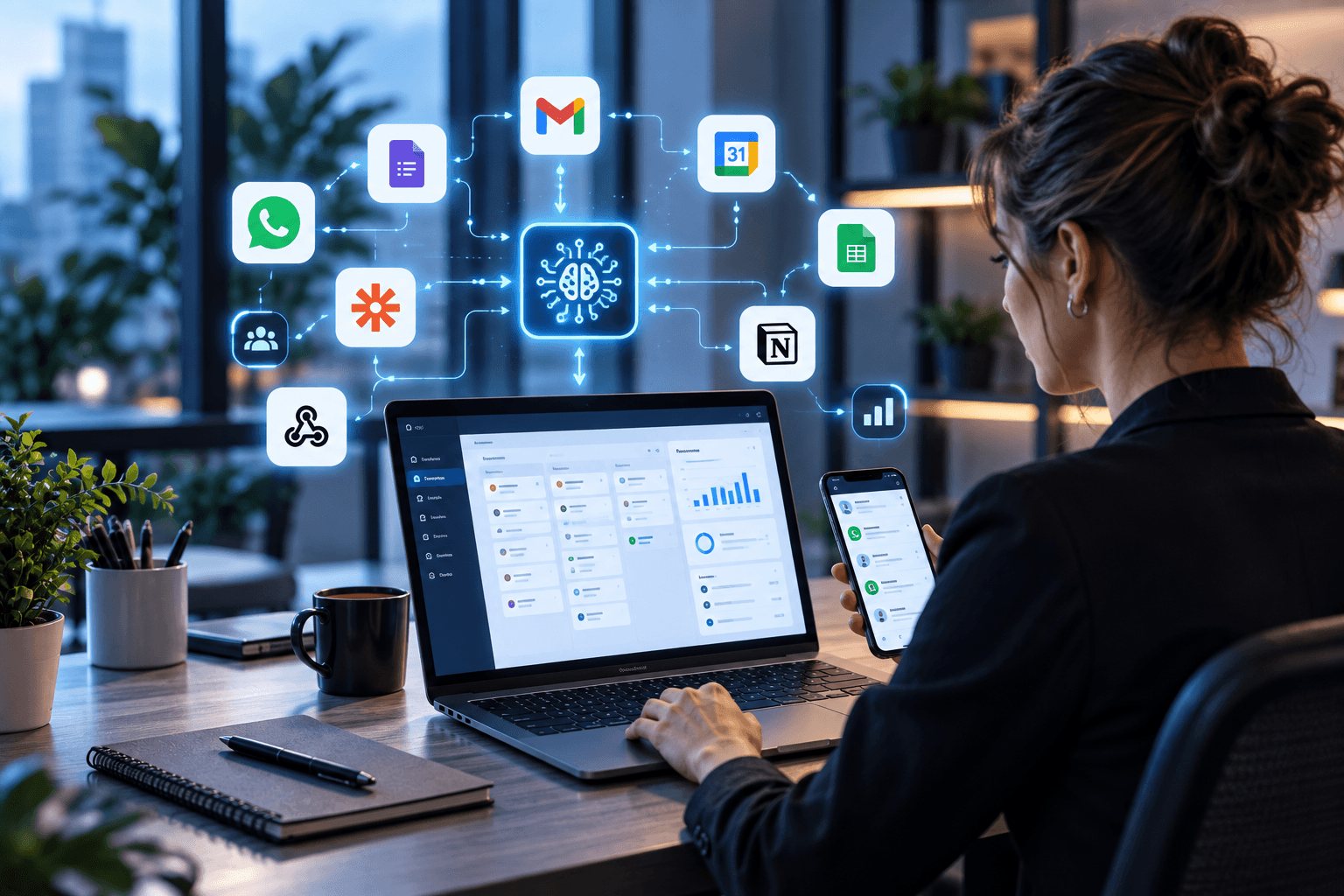 Business automation connecting WhatsApp, CRM, forms and business systems